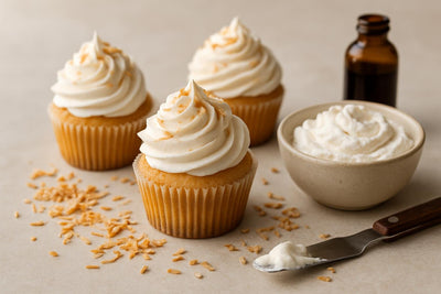 Cupcakes piped with coconut whipped frosting