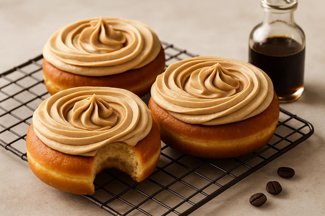 Doughnuts finished with coffee buttercream on a cooling rack