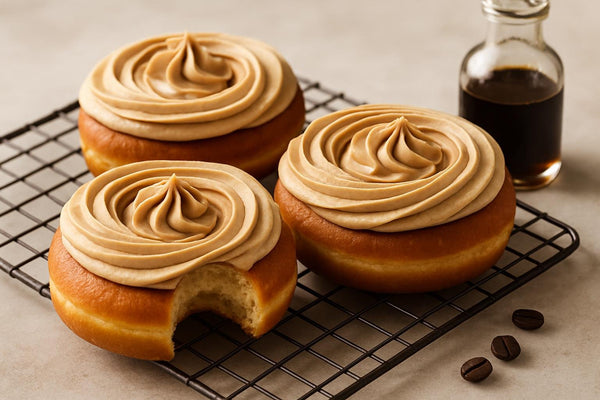 Doughnuts finished with coffee buttercream on a cooling rack