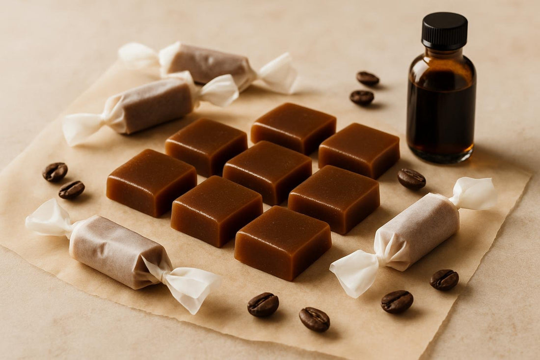 Coffee Caramels cut and wrapped in wax paper