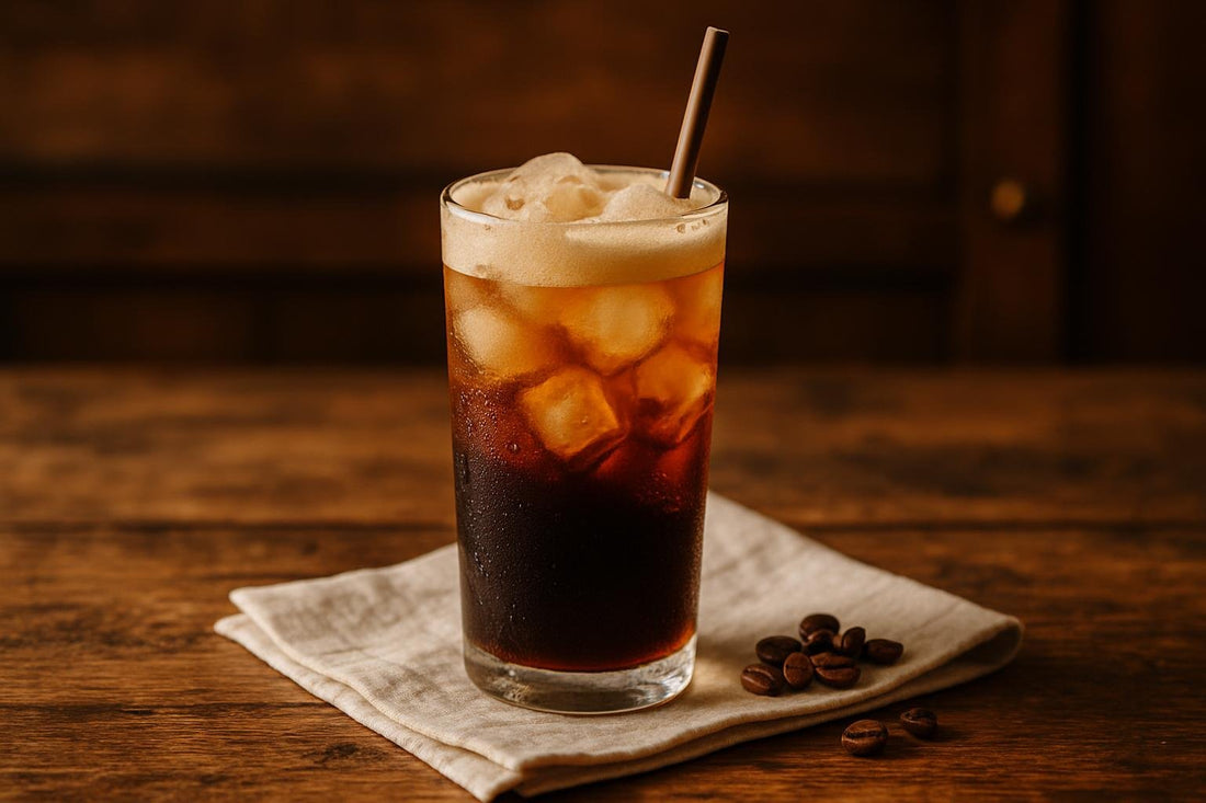 Coffee Cola in a glass on an oak table
