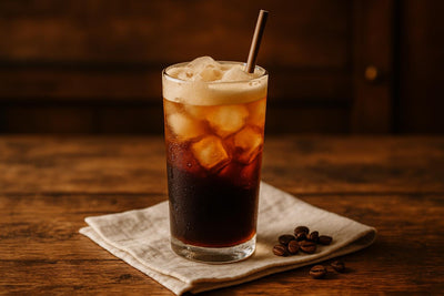 Coffee Cola in a glass on an oak table