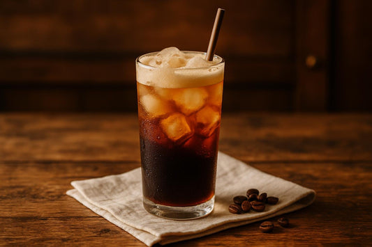 Coffee Cola in a glass on an oak table