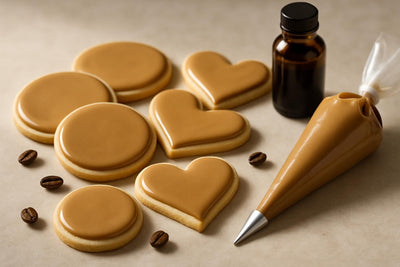 Sugar cookies decorated with coffee cookie icing