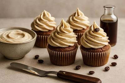 Cupcakes piped with coffee cream cheese frosting