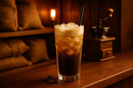 Coffee Cream Soda in a glass on an oak bar