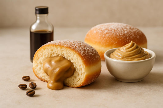 Filled doughnut cut open to show coffee custard
