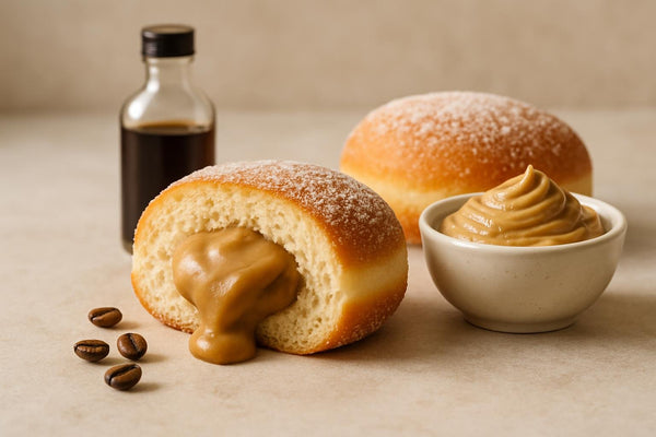 Filled doughnut cut open to show coffee custard