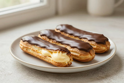 A row of coffee éclairs on a plate, glossy topping, one cut to show the creamy filling