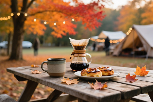 Pour-over coffee, a mug and pastries on a picnic table at an autumn coffee festival under red maple trees