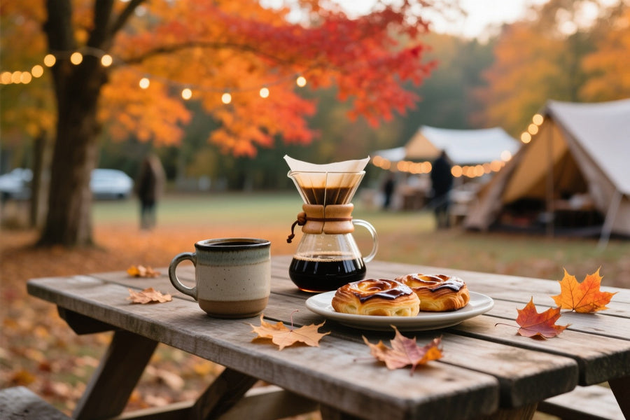 Pour-over coffee, a mug and pastries on a picnic table at an autumn coffee festival under red maple trees