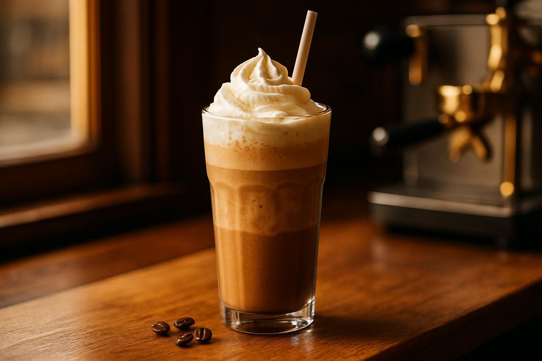 Coffee Frappé in a glass on an oak café counter