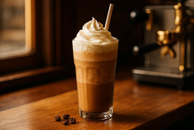 Coffee Frappé in a glass on an oak café counter