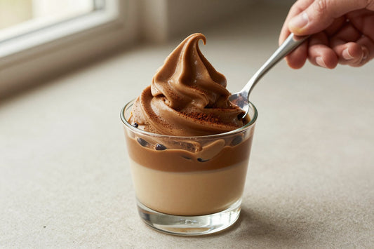 A generous swirl of coffee gelato in a small glass cup with a flat gelato spade