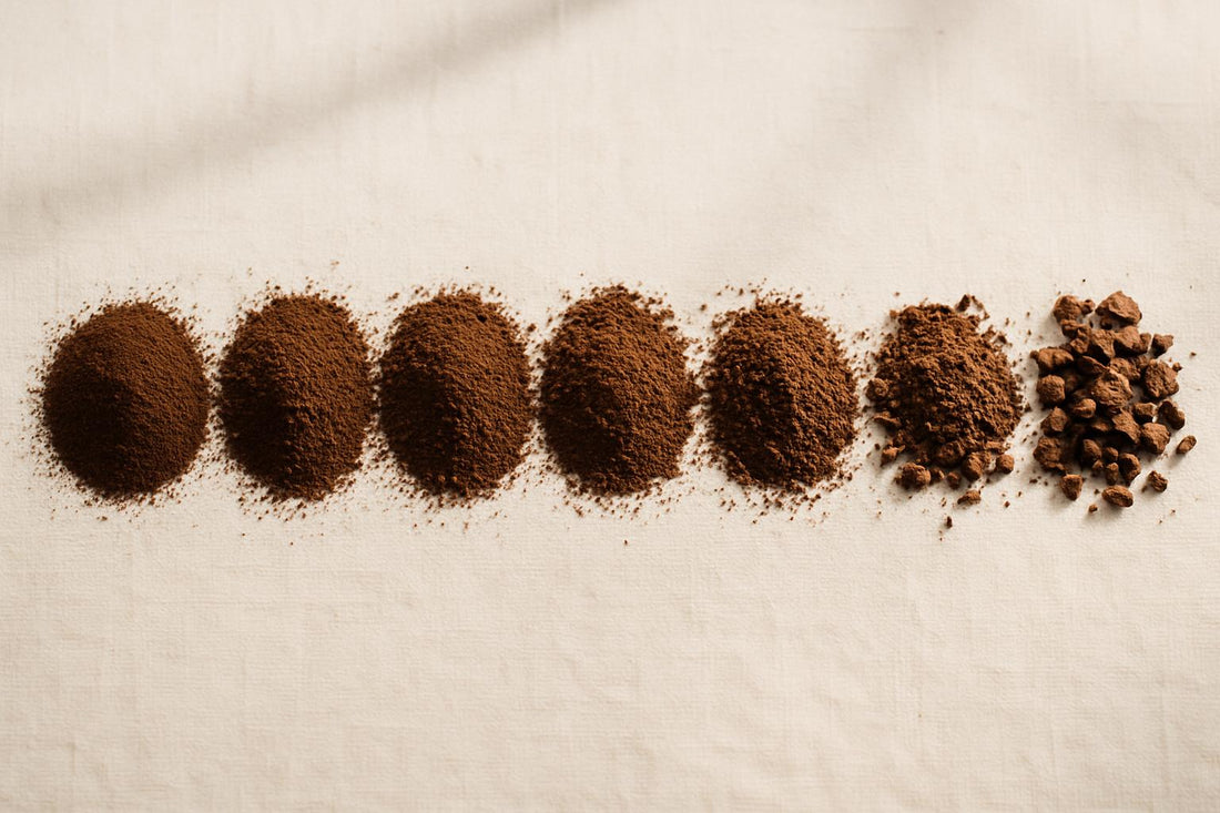 Coffee grind size chart showing seven grind levels from extra-fine Turkish coffee to extra-coarse cold brew