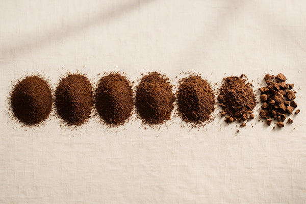 Coffee grind size chart showing seven grind levels from extra-fine Turkish coffee to extra-coarse cold brew
