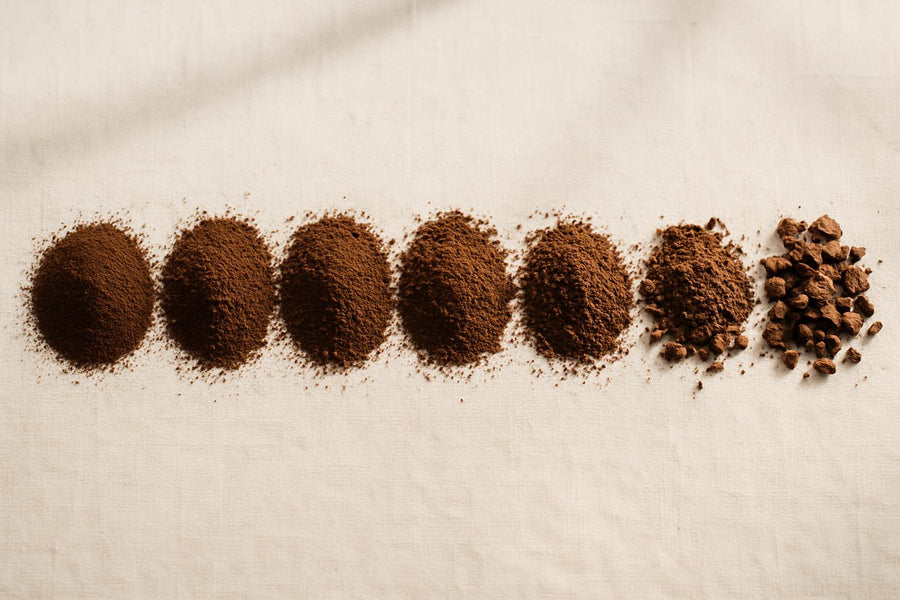 Coffee grind size chart showing seven grind levels from extra-fine Turkish coffee to extra-coarse cold brew