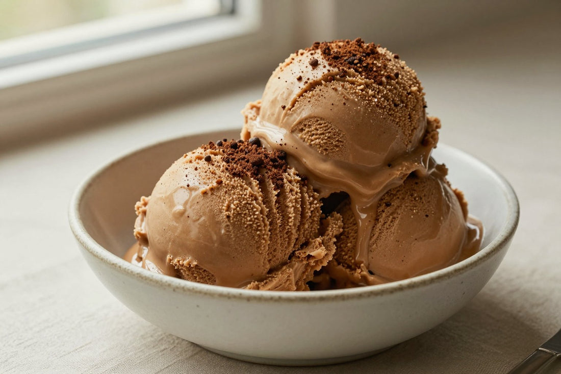 Two generous scoops of coffee ice cream in a shallow ceramic bowl, softly melting at the edges