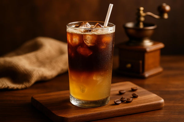 Coffee Lemonade in a glass on an oak serving board