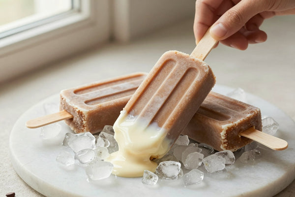 Three coffee popsicles on a bed of crushed ice on a light marble surface, one with a bite taken out