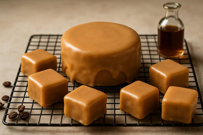 Cake coated in glossy coffee poured fondant icing