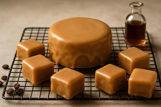 Cake coated in glossy coffee poured fondant icing