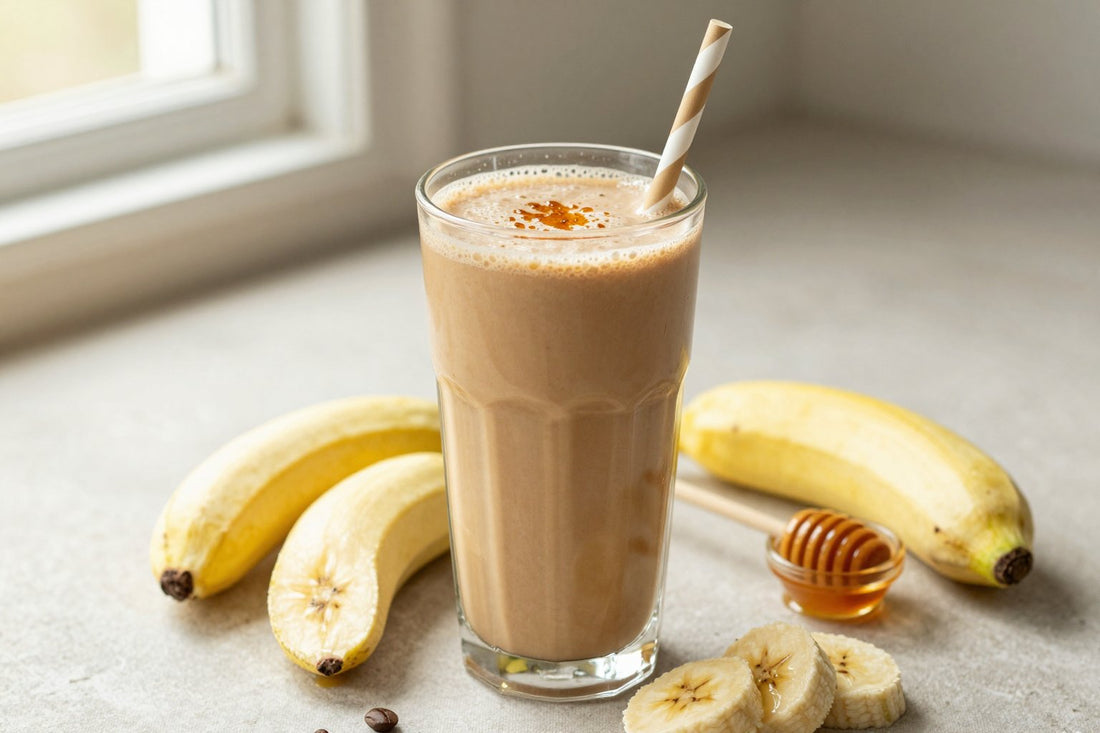 A tall glass of thick, creamy coffee protein shake with a straw, a few of its fresh ingredients beside it