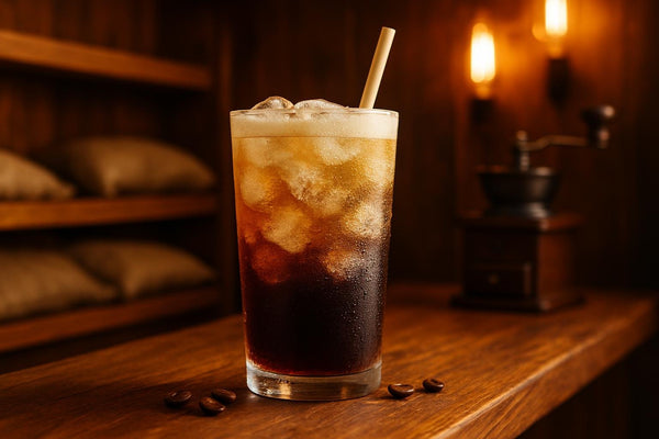 Coffee Soda in a glass on an oak bar