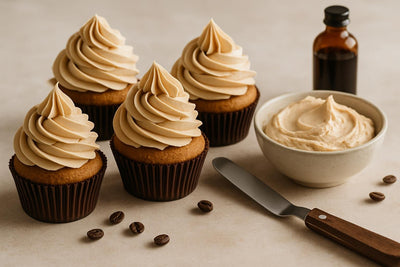 Cupcakes piped with coffee Swiss meringue buttercream frosting