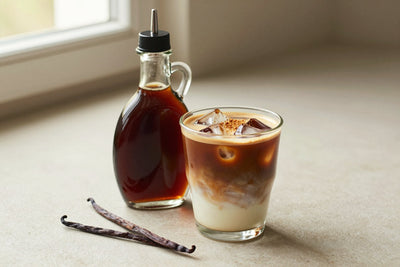 A small glass bottle of coffee syrup with a pour spout, beside an iced latte sweetened with it