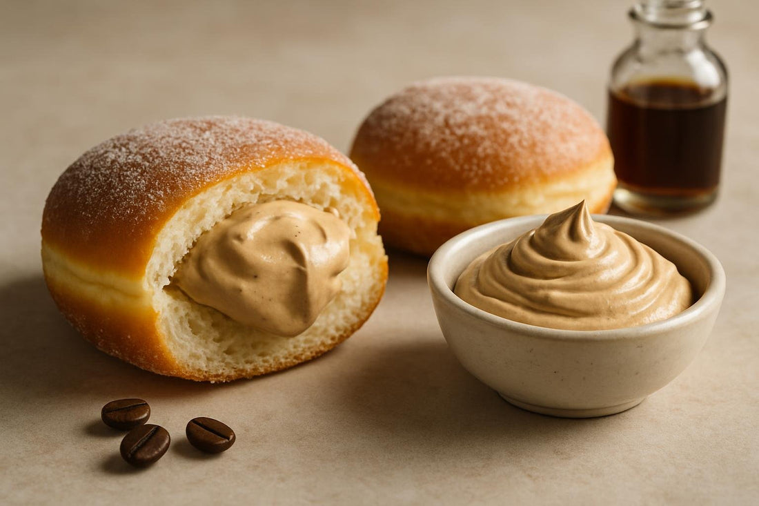 Filled doughnut cut open to show coffee whipped cream