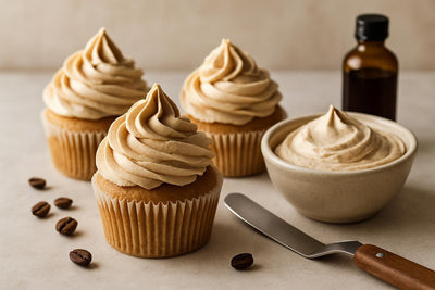 Cupcakes piped with coffee whipped cream frosting