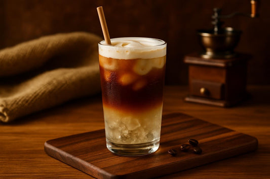 Cold Brew Tonic in a glass on an oak serving board