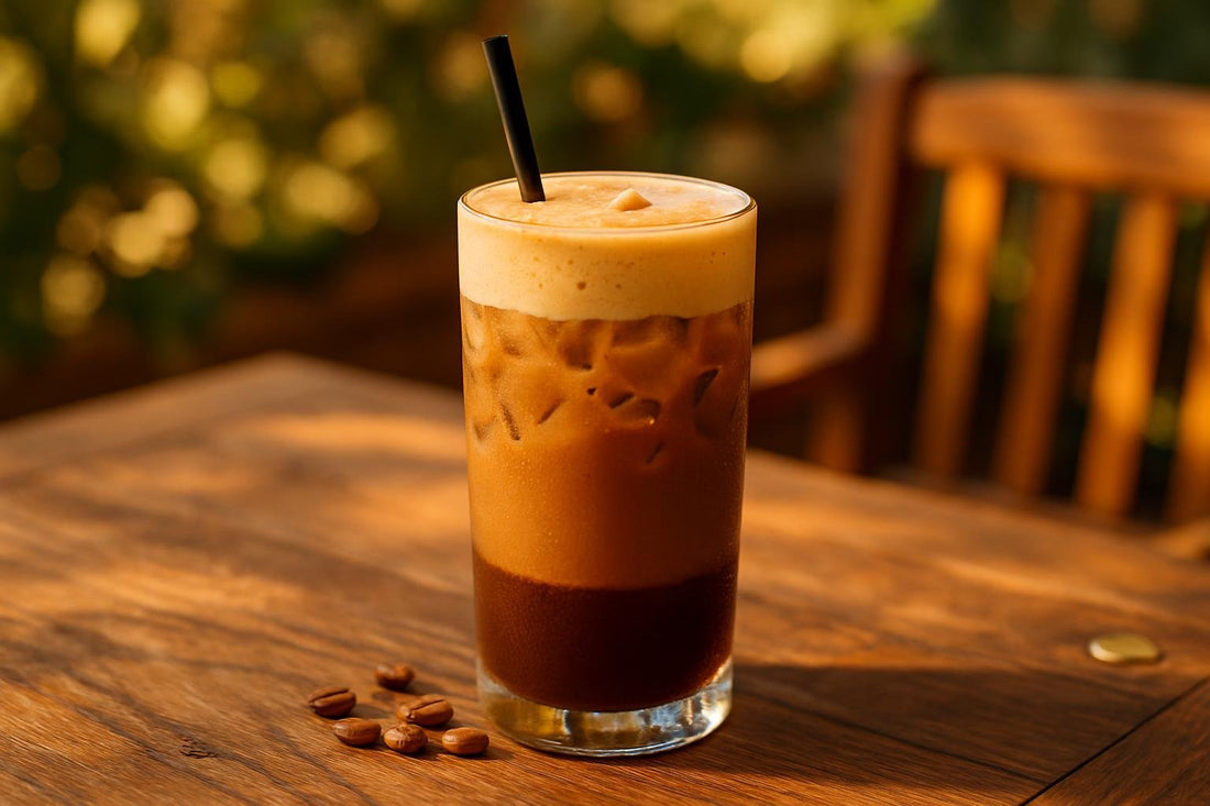 Cookie Butter Cold Brew in a glass on an oak patio table