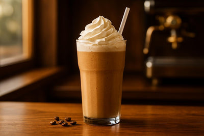 Cookie Butter Crème Frappé in a glass on an oak café counter