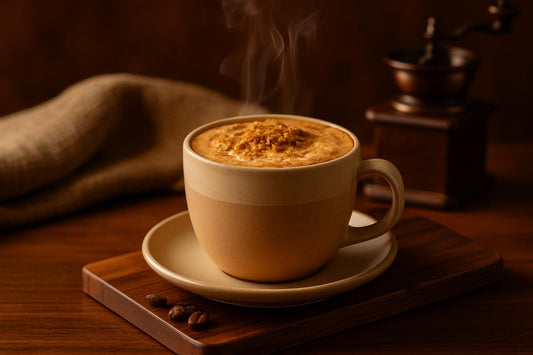 Cookie Butter Latte in a ceramic mug on an oak serving board