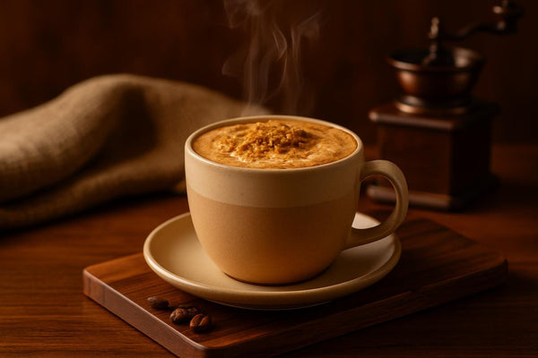 Cookie Butter Latte in a ceramic mug on an oak serving board