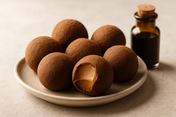 Cookie Butter Truffles on a plate, one bitten