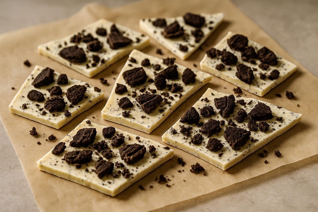 Shards of cookies and cream bark on parchment