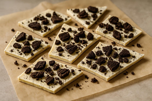 Shards of cookies and cream bark on parchment