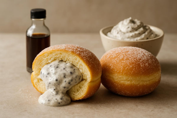 Filled doughnut cut open to show cookies and cream custard