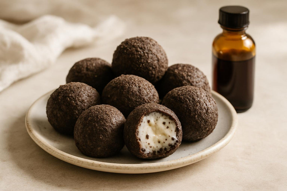 Cookies and Cream Truffles on a plate, one bitten