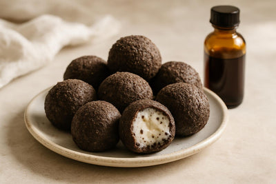 Cookies and Cream Truffles on a plate, one bitten
