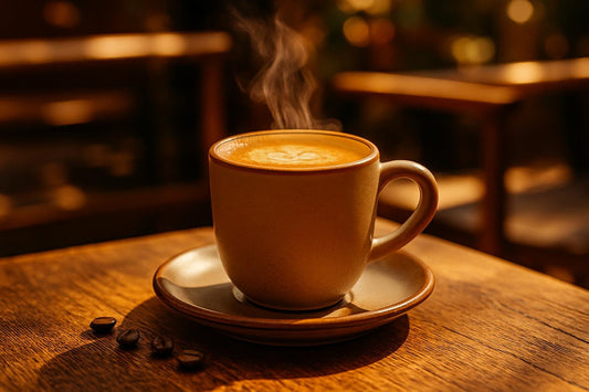 Cortado in a ceramic mug on an oak patio table