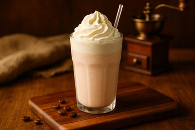 Cotton Candy Frappé in a glass on an oak serving board