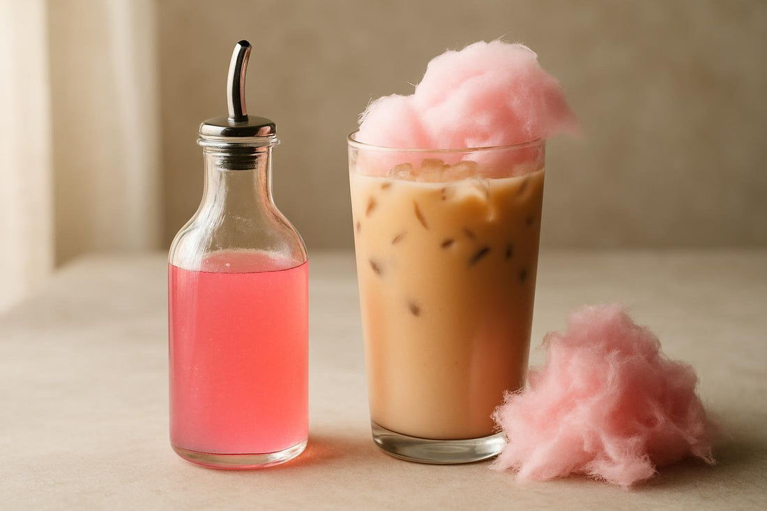 A small glass bottle of cotton candy syrup with a pour spout, beside an iced latte sweetened with it