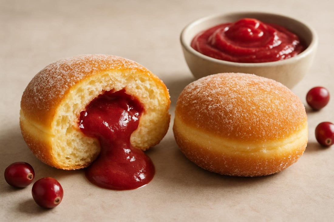 Filled doughnut cut open to show cranberry curd