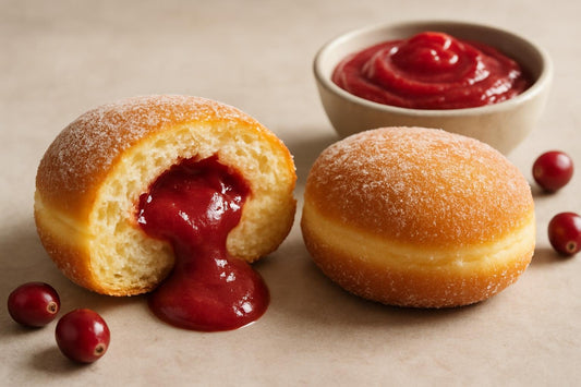 Filled doughnut cut open to show cranberry curd