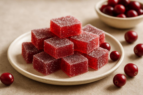 Squares of cranberry fruit jellies rolled in sugar