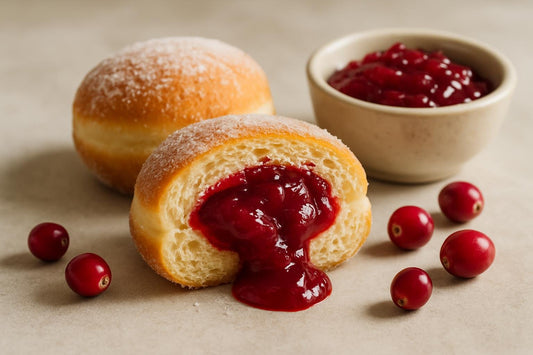 Filled doughnut cut open to show cranberry jam filling
